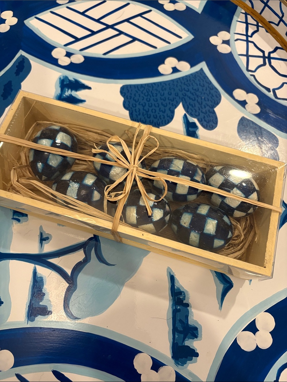 Mac Kenzie Childs Decorative Blue Checkered Eggs in Wooden Gift Box